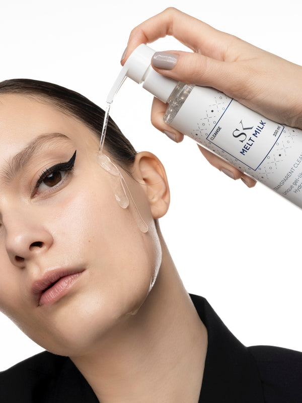 Skintegra Melt Milk gel-like hydrating and calming cleansing milk with a model